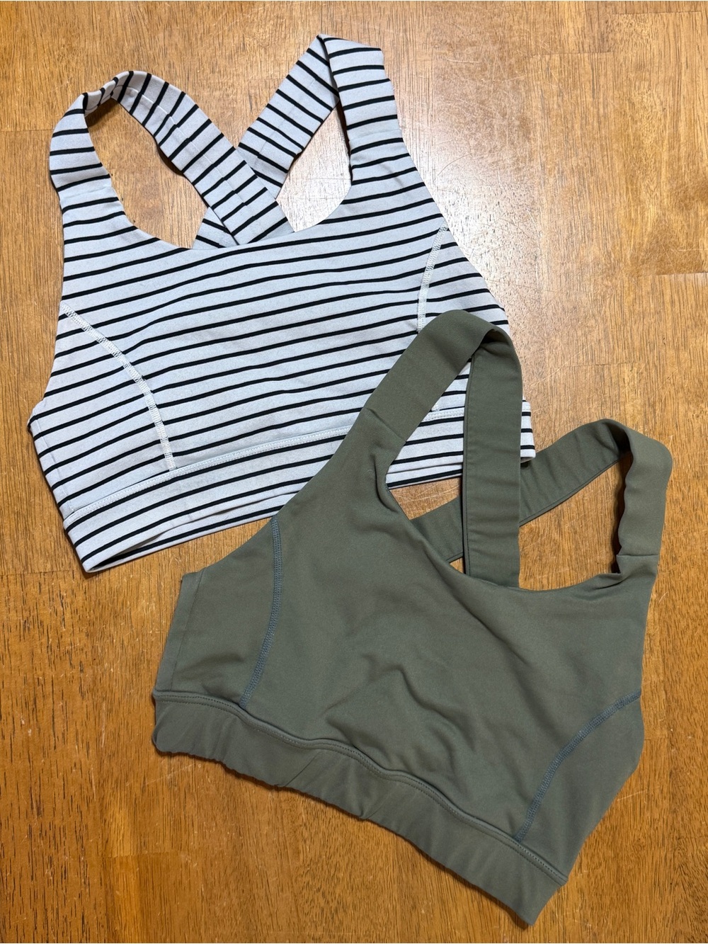 GLYDER Sports Bras- size Large, Striped Black & White and Olive Green- Set of 2